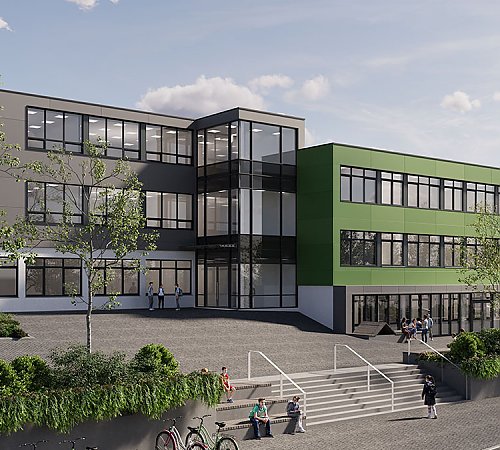 Eine erste Idee: So könnte das Gymnasium nach einer „Sanierung plus“ aussehen. Grafik: Stadt Wiehl