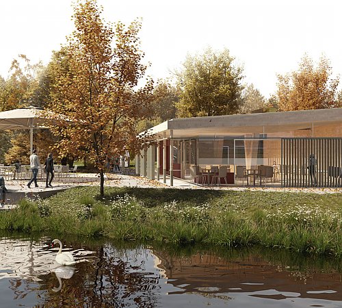 Die Visualisierung zeigt das geplante Seecafé im Wiehlpark - künftig zentrale Anlaufstelle für Parkbesucherinnen und -besucher. Grafik: Molestina Architekten